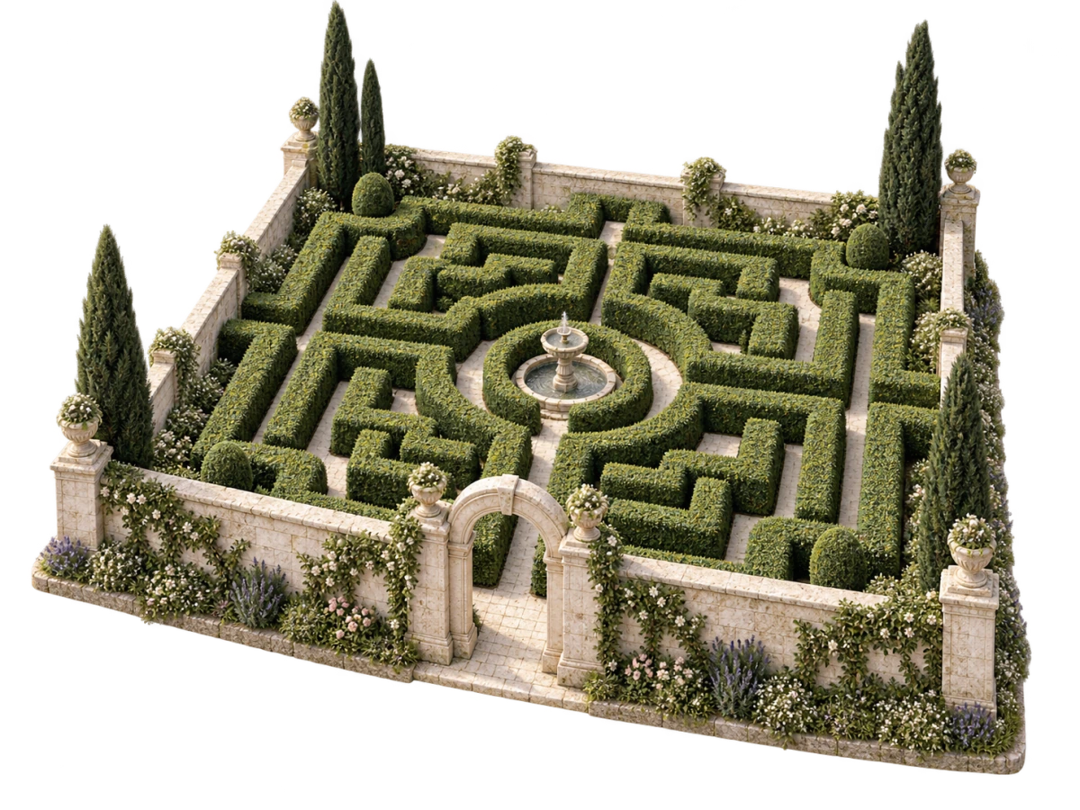 A miniature walled garden maze with clipped hedges, a fountain, and cypress trees.