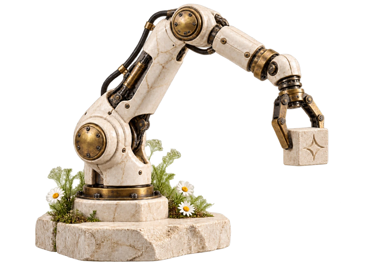 A limestone and brass robotic arm holding a stone with the Locus seal, surrounded by wildflowers.