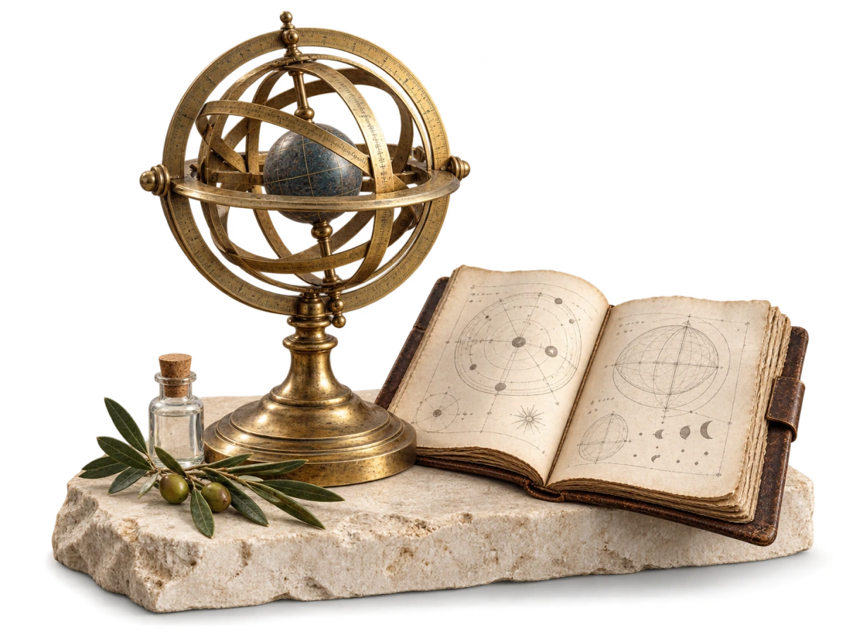 A brass armillary sphere with a blue globe, an open notebook, and wildflowers.