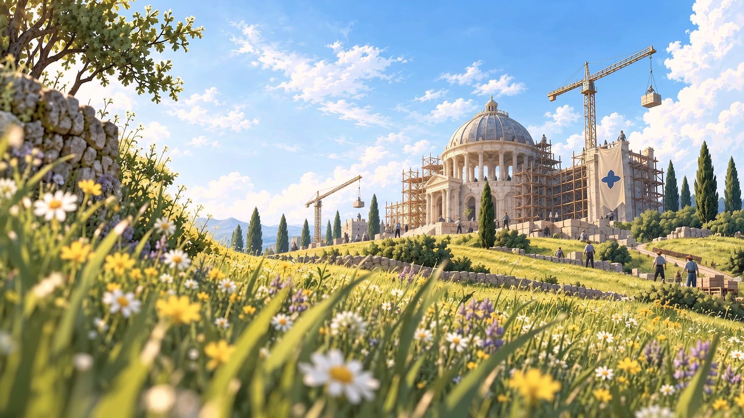 A sunlit library taking shape among wildflowers, cypress trees, and open sky.